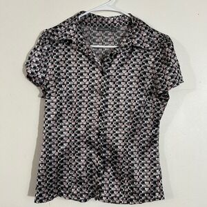 Apt 9 Petite Women's Medium Geometric Print Button Down Short Sleeve Blouse‎ Top